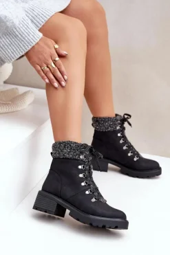 Damskie Boto Damskie Trapery Z Kożuszkiem Na Niskim Obcasie Czarne Brenneth