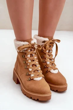 Boto Botki Ocieplane|Botki Sznurowane*Damskie Trapery Z Kożuszkiem Na Niskim Obcasie Camel Brenneth