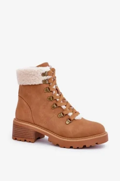Boto Botki Ocieplane|Botki Sznurowane*Damskie Trapery Z Kożuszkiem Na Niskim Obcasie Camel Brenneth