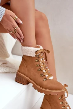 Boto Botki Ocieplane|Botki Sznurowane*Damskie Trapery Z Kożuszkiem Na Niskim Obcasie Camel Brenneth