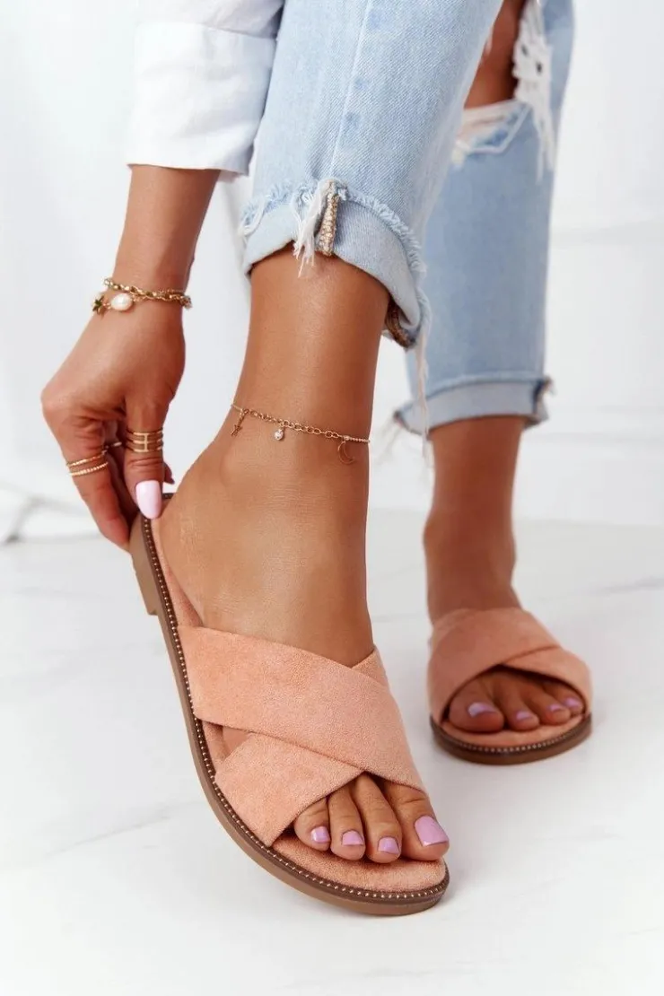 Boto Klapki Damskie Klasyczne*Damskie Welurowe Klapki Brzoskwiniowe Edesa