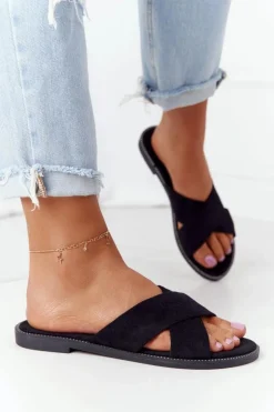 Outlet Boto Damskie Welurowe Klapki Czarne Edesa