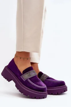 Boto Damskie Welurowe Mokasyny Z Ozdobą Fioletowe Wendreda
