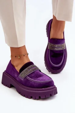 Boto Damskie Welurowe Mokasyny Z Ozdobą Fioletowe Wendreda