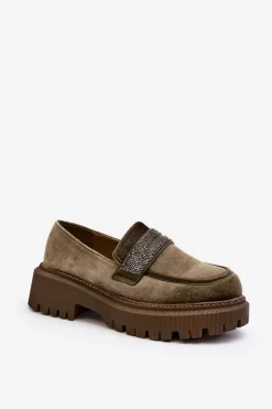 Damskie Boto Damskie Welurowe Mokasyny Z Ozdobą Ciemnozielone Wendreda