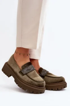 Damskie Boto Damskie Welurowe Mokasyny Z Ozdobą Ciemnozielone Wendreda