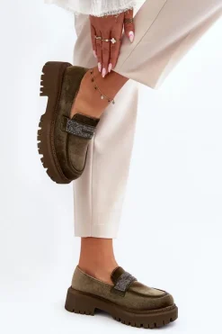 Damskie Boto Damskie Welurowe Mokasyny Z Ozdobą Ciemnozielone Wendreda