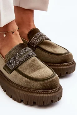 Damskie Boto Damskie Welurowe Mokasyny Z Ozdobą Ciemnozielone Wendreda