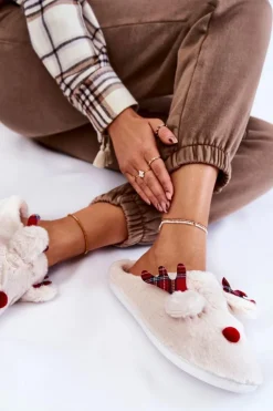 Discount Boto Damskie Świąteczne Futrzane Papcie Z Reniferem Kremowe Clarie