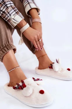 Discount Boto Damskie Świąteczne Futrzane Papcie Z Reniferem Kremowe Clarie