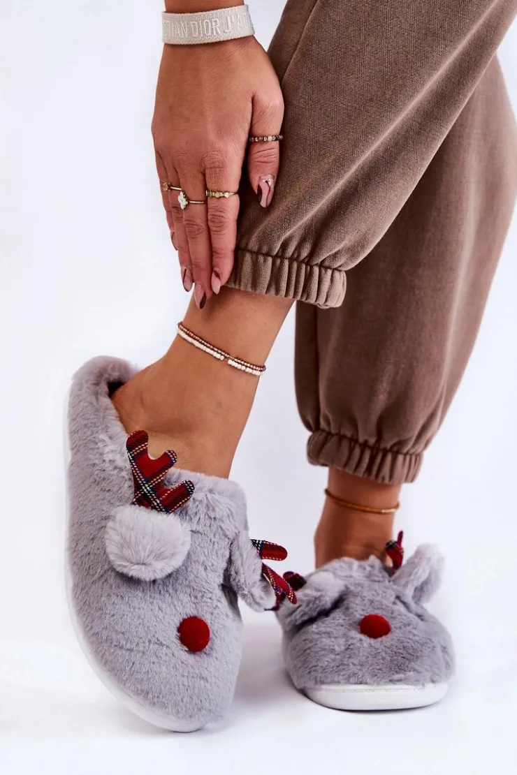 Hot Boto Damskie Świąteczne Futrzane Papcie Z Reniferem Szare Clarie Szary
