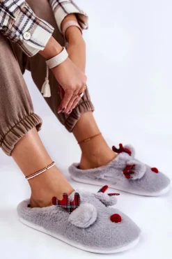 Hot Boto Damskie Świąteczne Futrzane Papcie Z Reniferem Szare Clarie Szary