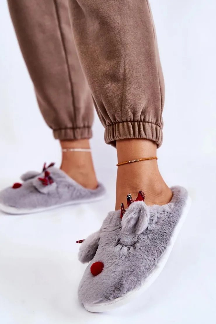 Hot Boto Damskie Świąteczne Futrzane Papcie Z Reniferem Szare Clarie Szary