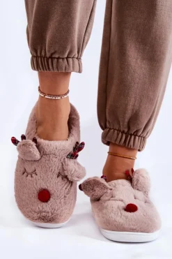 Damskie Boto Damskie Świąteczne Futrzane Papcie Z Reniferem Beżowe Clarie