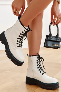 Damskie Boto Damskie Wiązane Botki Glany Białe Callie