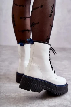 Damskie Boto Damskie Wiązane Botki Glany Białe Callie