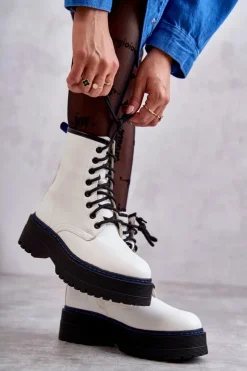 Damskie Boto Damskie Wiązane Botki Glany Białe Callie