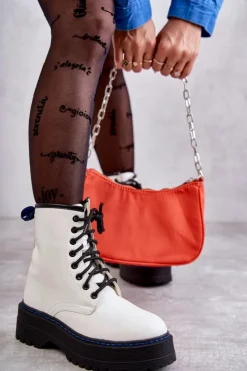 Damskie Boto Damskie Wiązane Botki Glany Białe Callie