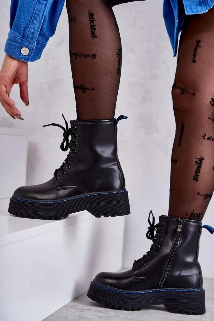 Boto Botki Sznurowane|Czarne Botki*Damskie Wiązane Botki Glany Czarne Callie