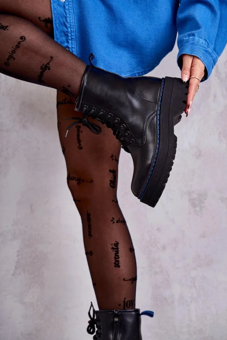 Boto Botki Sznurowane|Czarne Botki*Damskie Wiązane Botki Glany Czarne Callie