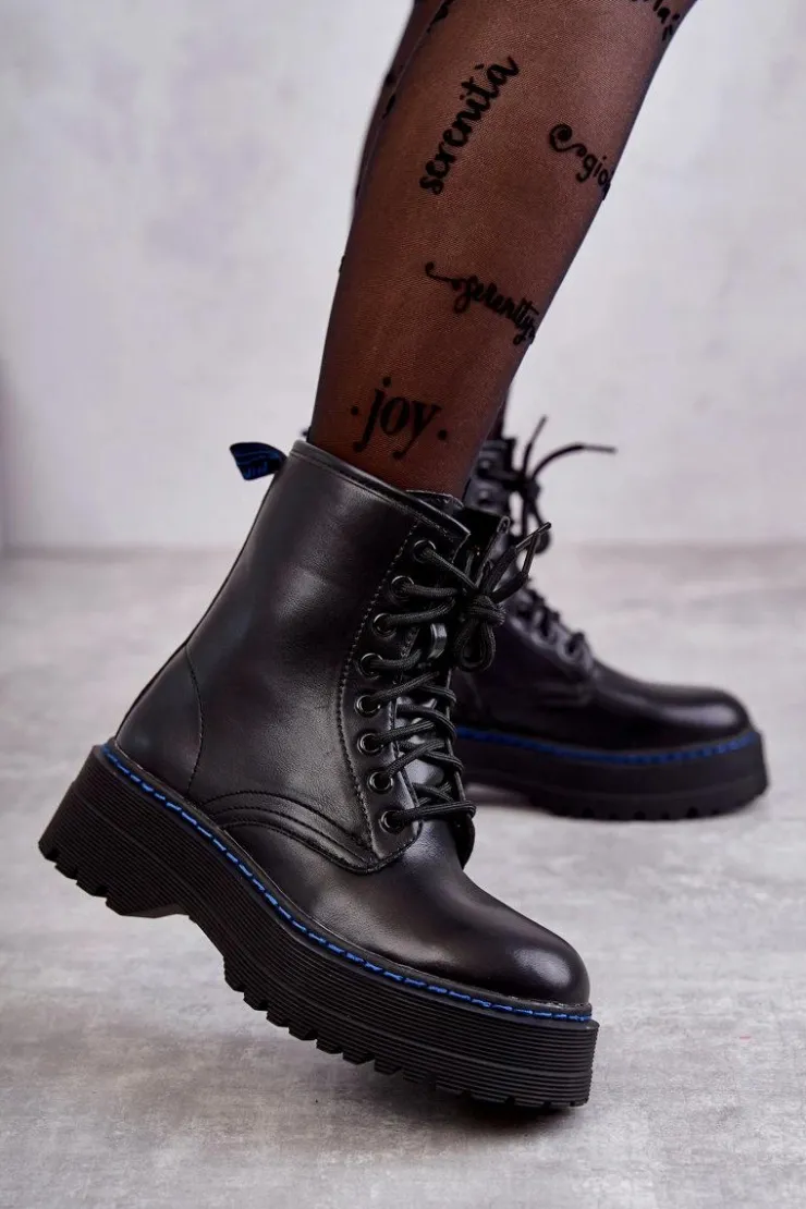 Boto Botki Sznurowane|Czarne Botki*Damskie Wiązane Botki Glany Czarne Callie