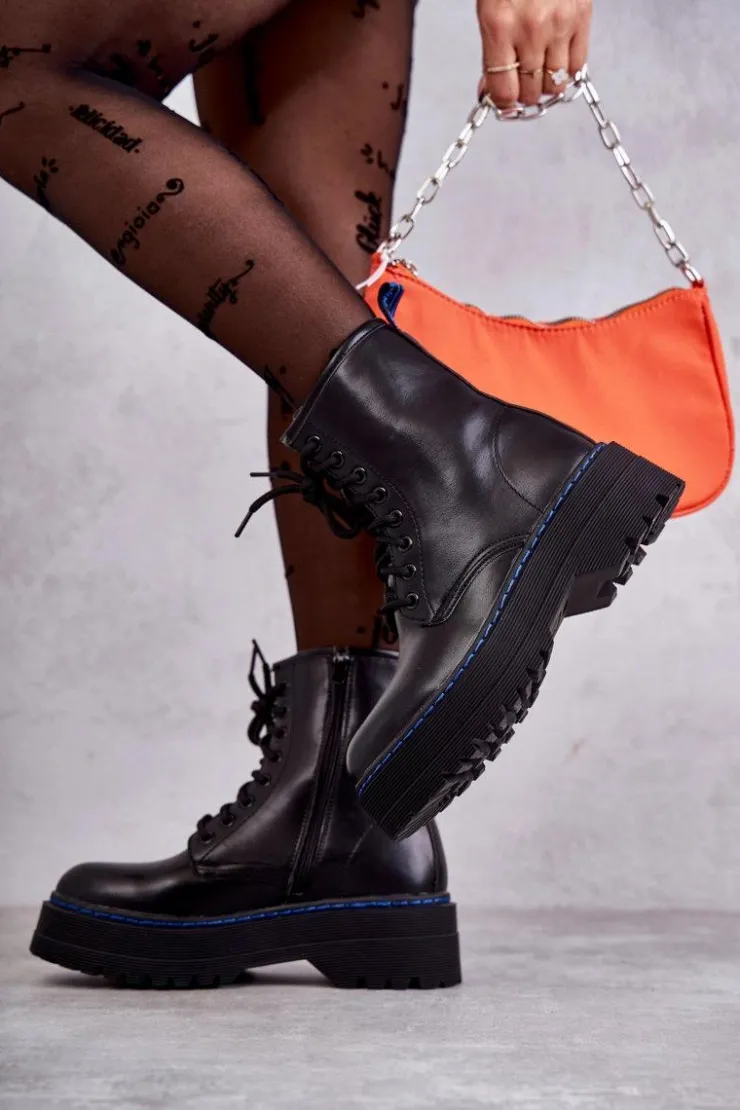 Boto Botki Sznurowane|Czarne Botki*Damskie Wiązane Botki Glany Czarne Callie