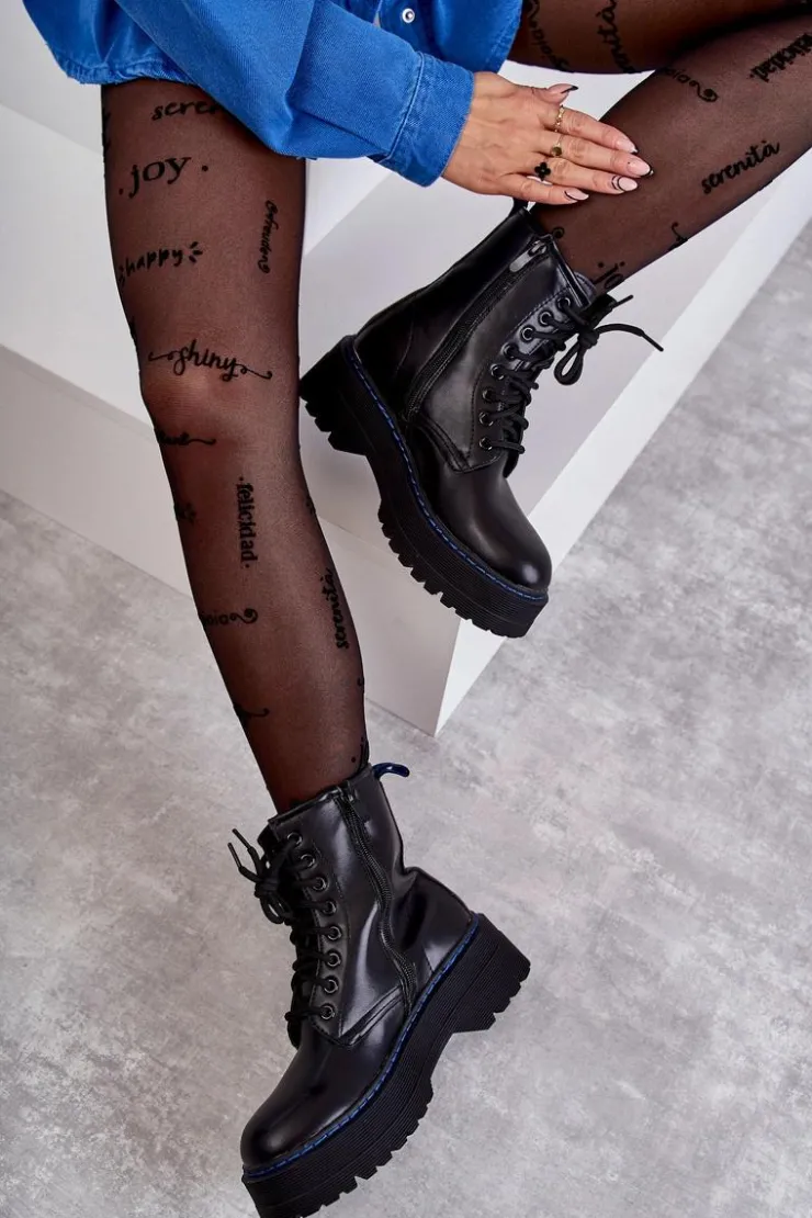 Boto Botki Sznurowane|Czarne Botki*Damskie Wiązane Botki Glany Czarne Callie