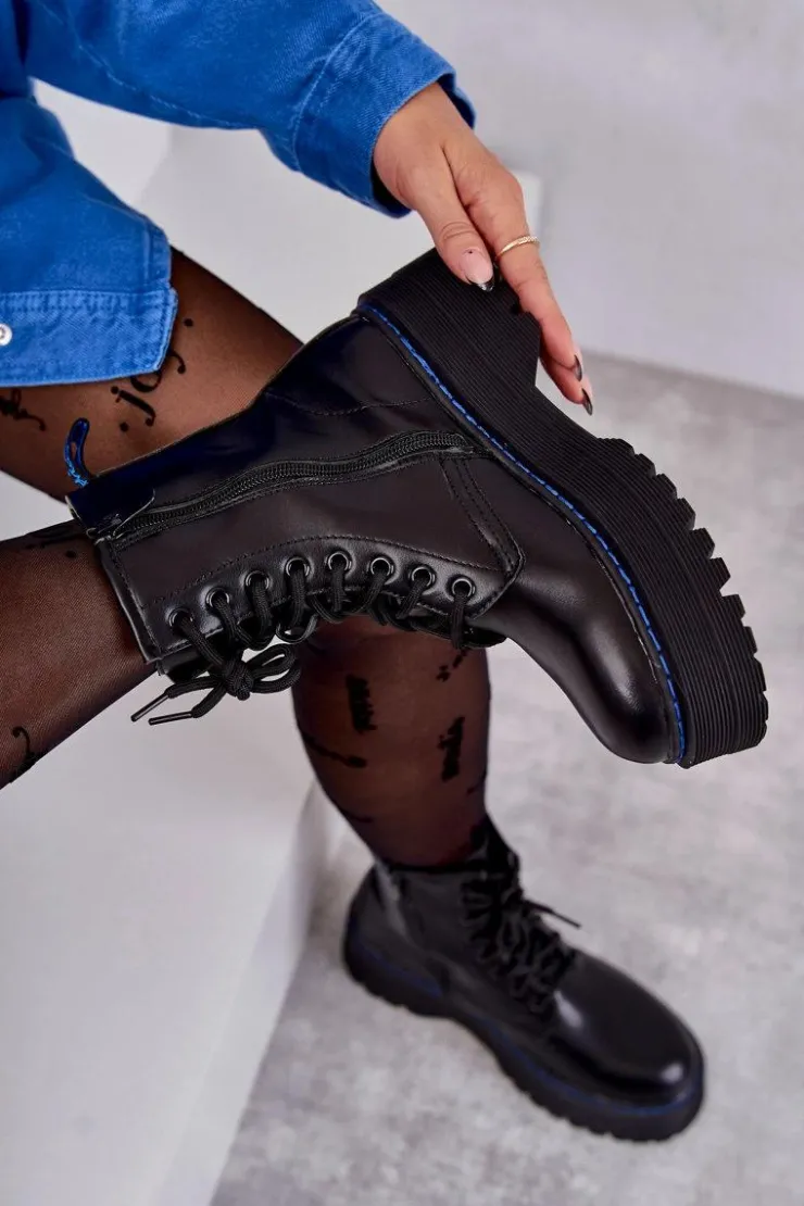 Boto Botki Sznurowane|Czarne Botki*Damskie Wiązane Botki Glany Czarne Callie