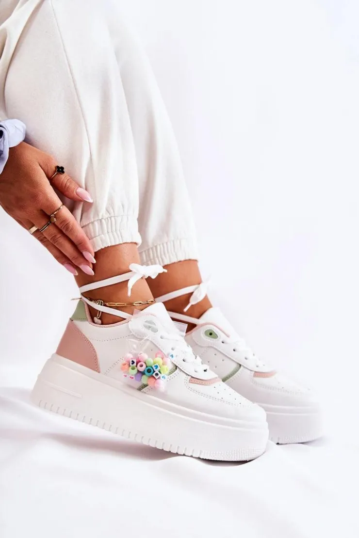 Boto Sneakersy Damskie*Damskie Wiązane Buty Sportowe Sneakersy Biało-Różowe Manila