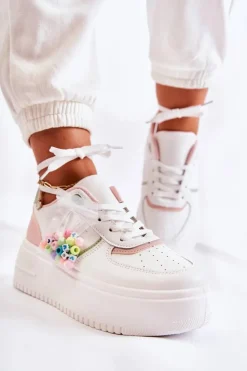 Boto Sneakersy Damskie*Damskie Wiązane Buty Sportowe Sneakersy Biało-Różowe Manila