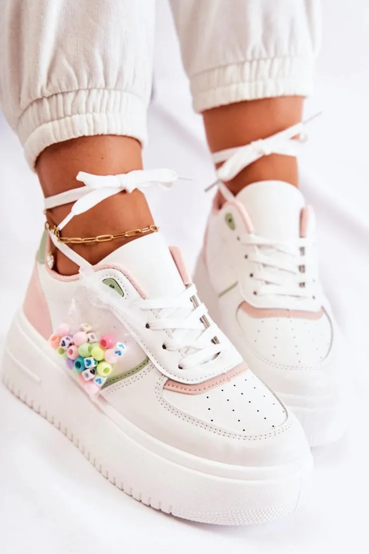 Boto Sneakersy Damskie*Damskie Wiązane Buty Sportowe Sneakersy Biało-Różowe Manila