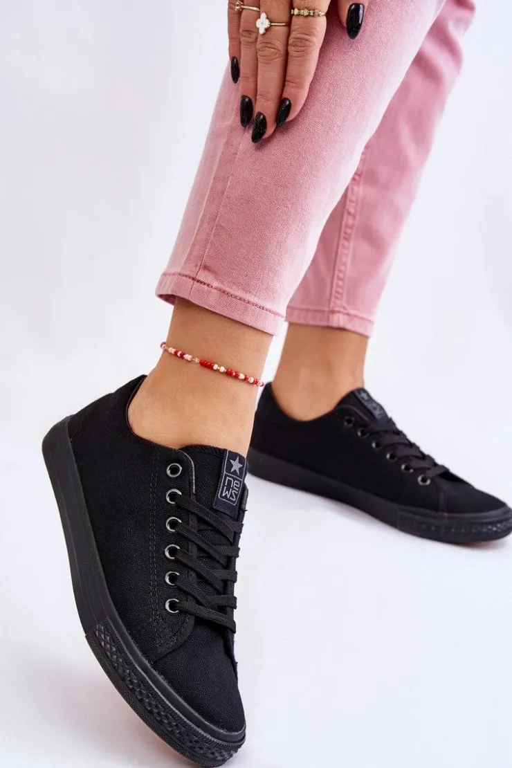 Evento Trampki Damskie Niskie*Damskie Wiązane Klasyczne Trampki Czarne Eleya Czarny