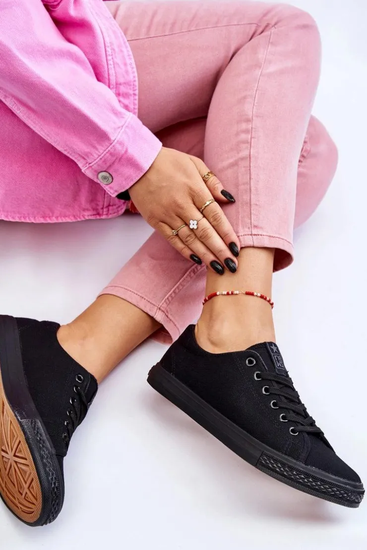 Evento Trampki Damskie Niskie*Damskie Wiązane Klasyczne Trampki Czarne Eleya Czarny