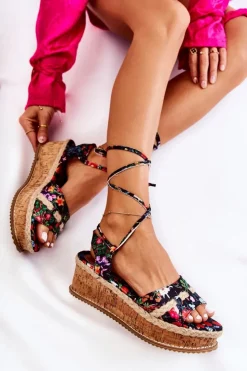 Boto Sandały Na Koturnie|Czarne Espadryle*Damskie Wiązane Sandałki Espadryle W Kwiaty Czarne Lamour