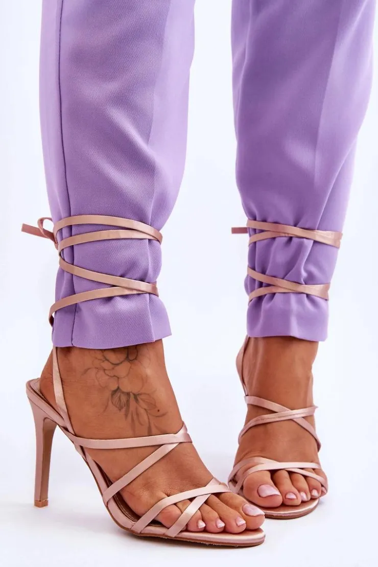 Sale Boto Damskie Wiązane Sandałki Na Szpilce Beżowe Meya Beżowy