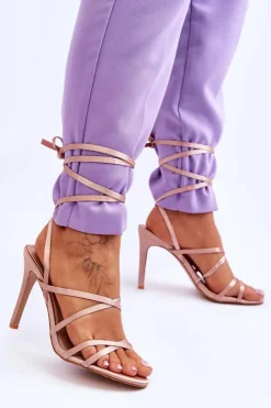 Sale Boto Damskie Wiązane Sandałki Na Szpilce Beżowe Meya Beżowy