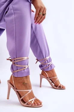 Sale Boto Damskie Wiązane Sandałki Na Szpilce Beżowe Meya Beżowy