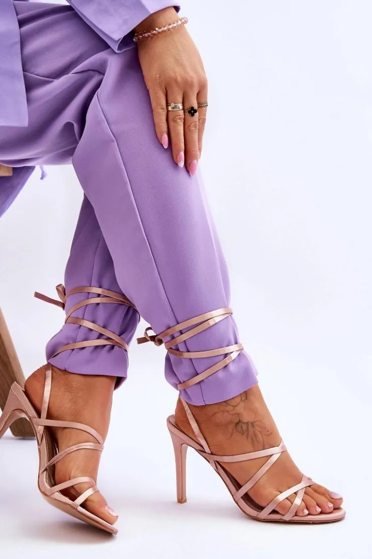 Sale Boto Damskie Wiązane Sandałki Na Szpilce Beżowe Meya Beżowy