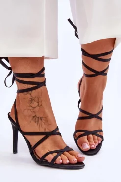 New Boto Damskie Wiązane Sandałki Na Szpilce Czarne Meya