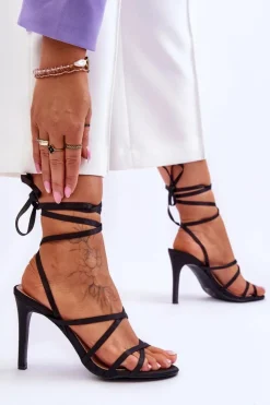 New Boto Damskie Wiązane Sandałki Na Szpilce Czarne Meya