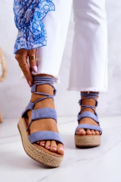 Boto Damskie Wiązane Sandały Na Platformie Niebieskie Amrillo