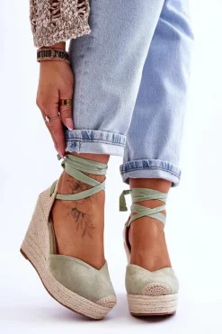 Outlet Boto Damskie Wiązane Sandały Na Koturnie Zielone Bethany