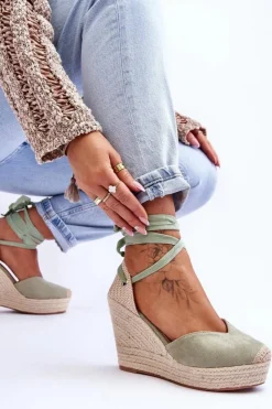 Outlet Boto Damskie Wiązane Sandały Na Koturnie Zielone Bethany