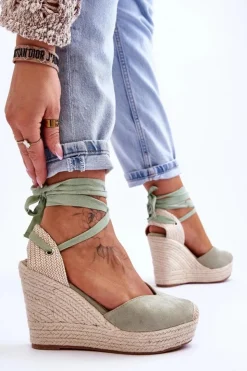 Outlet Boto Damskie Wiązane Sandały Na Koturnie Zielone Bethany