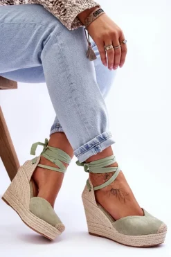 Outlet Boto Damskie Wiązane Sandały Na Koturnie Zielone Bethany