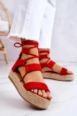 Boto Sandały Płaskie*Damskie Wiązane Sandały Na Platformie Czerwone Amrillo