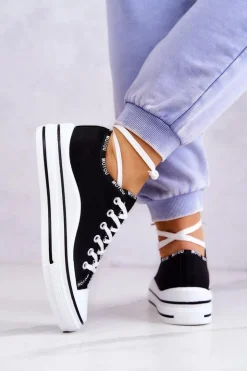 Online Damskie buty S.Barski Damskie Wiązane Tenisówki Czarne Menifee Czarny