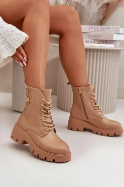 Boto Botki Sznurowane|Brązowe I Beżowe Botki*Damskie Workery Botki Na Zamek Sznurowane Z Eko Skóry Beżowe Naolani