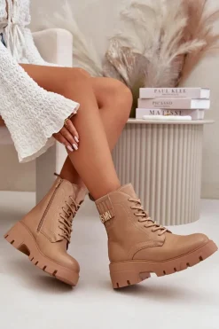 Boto Botki Sznurowane|Brązowe I Beżowe Botki*Damskie Workery Botki Na Zamek Sznurowane Z Eko Skóry Beżowe Naolani