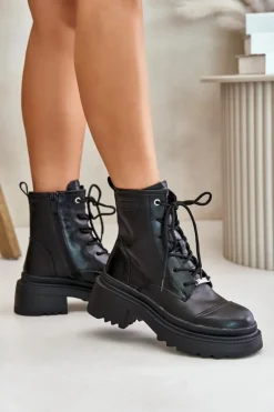 Damskie GOE Damskie Workery Botki Ocieplane Ze Skóry Naturalnej OO2N4115-W2 Czarne